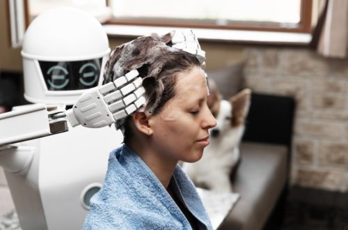 ambient assisted living household robot is washing the hair of an adult woman, concepts like hairdresser cyborg or artificial intelligence robotic